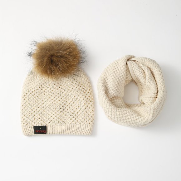 Noblag Women’s Cashmere Soft Beanies, Scarves Set Knitted Plush Fur Pom